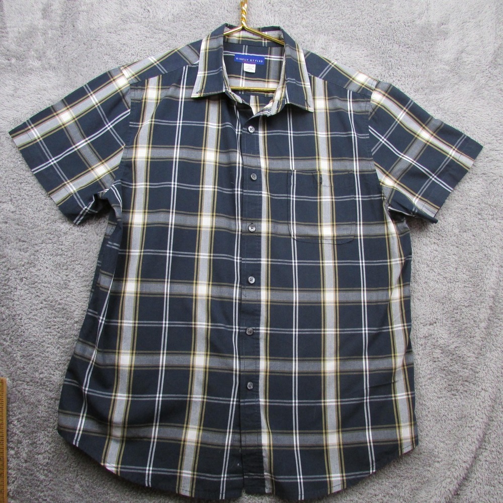 Simply Styled Shirt Mens Large Blue Plaid Short Sleeve‎ Button Front Casual
